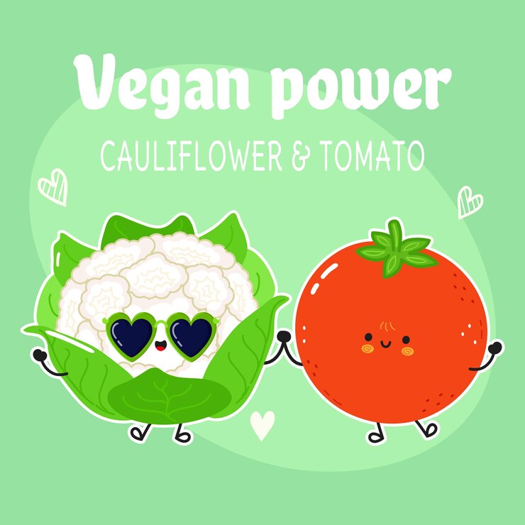 Vector icono de ilustración de personajes de dibujos animados de estilo doodle dibujado a mano de la tarjeta vectorial de coliflor y tomate