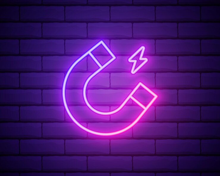 Vector icono de imán de neón brillante aislado en el fondo de la pared de ladrillo magnetismo de imán de herradura magnetizar atracción ilustración vectorial