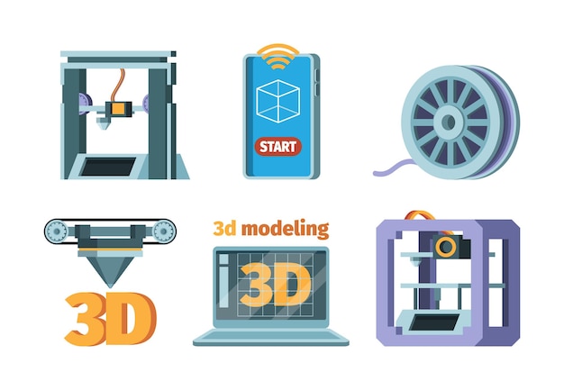 Vector icono de impresión 3d. prototipos de impresoras dimensionales, tecnología futura, técnicas de impresión inteligente, imágenes vectoriales planas. construcción de equipos de ilustración, fabricación de prototipos dimensionales