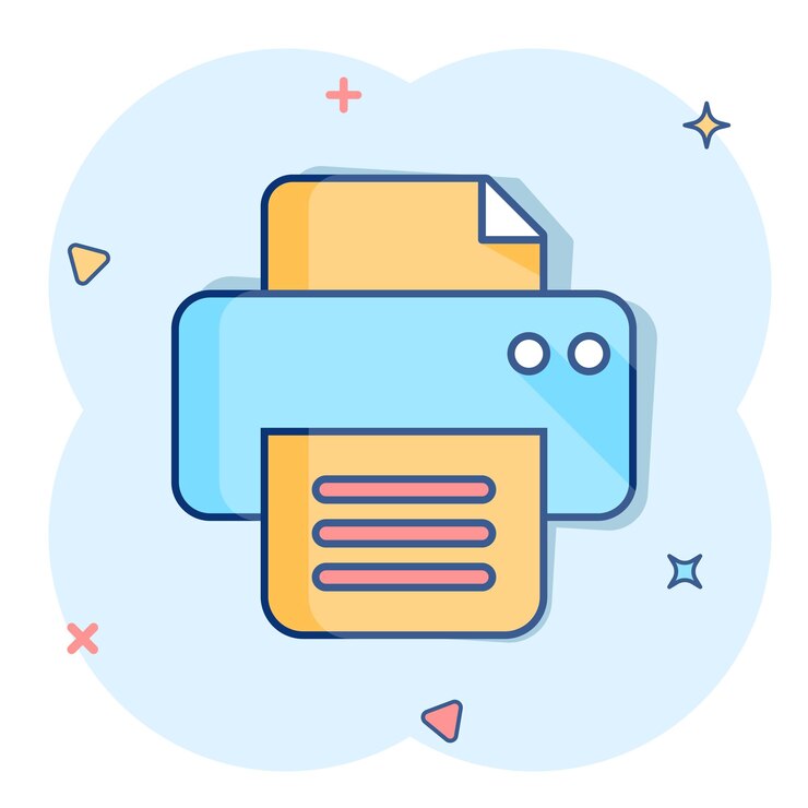 Vector icono de impresora de dibujos animados vectoriales en estilo cómico pictograma de ilustración de signo de impresión de documentos concepto de efecto de salpicadura de negocio de impresora