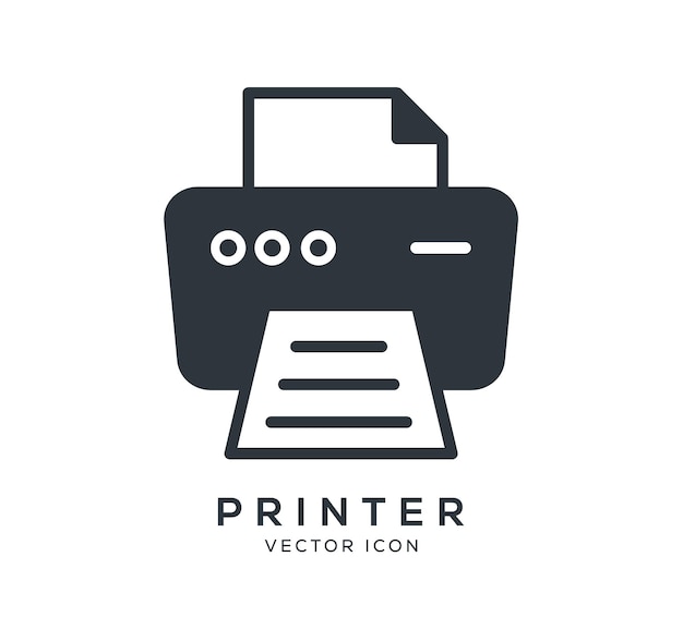 Vector un ícono de impresora negro con un fondo blanco.