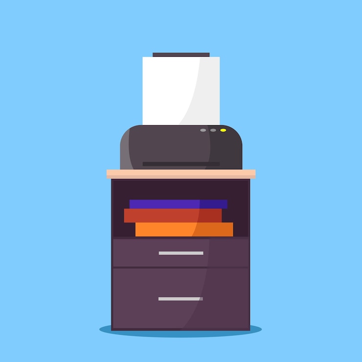 Vector icono de impresora de oficina en la mesita de noche ilustración vectorial en estilo plano sobre fondo azul