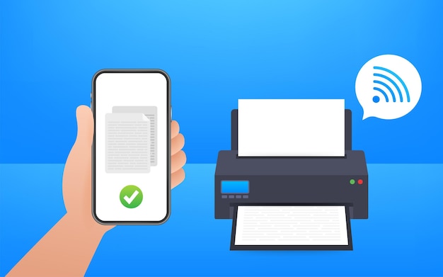 Icono de impresora con símbolo inalámbrico wifi. Impresora inalámbrica. Ilustración de acciones vectoriales.