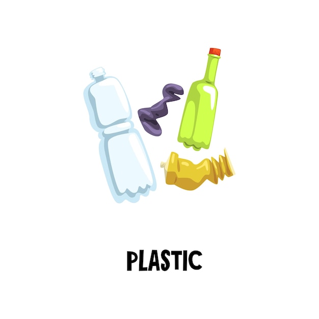 Icono de información sobre residuos plásticos. Tubo de pasta de dientes vacío y dos botellas. Concepto de protección del medio ambiente. Clasificación y reciclaje de basura doméstica. Diseño vectorial plano para publicidad social.