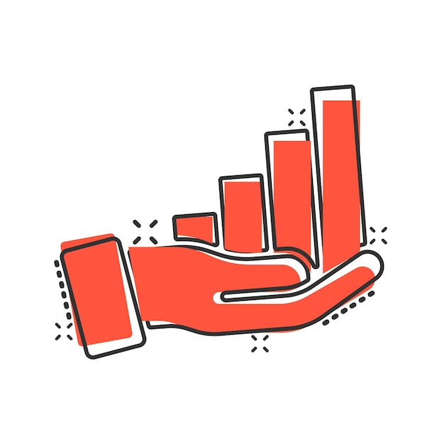 Icono de ingresos de crecimiento en estilo cómic Diagrama con ilustración vectorial de dibujos animados a mano en fondo blanco aislado Aumento de las finanzas Efecto de salpicaduras Concepto de negocio