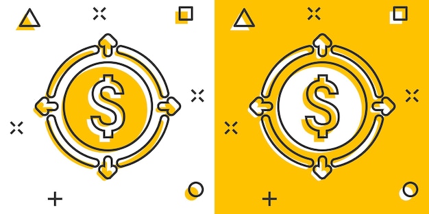 Icono de ingresos de dinero en estilo cómic ilustración de vector de dibujos animados de moneda de dólar sobre fondo blanco aislado concepto de negocio de efecto de salpicadura de estructura financiera