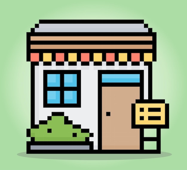 Icono de inicio de marketing de tienda de píxeles de 8 bits para activos de juego y puntos de cruz en ilustraciones vectoriales