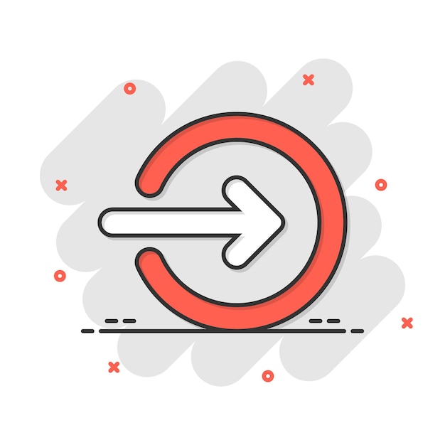 Icono de inicio de sesión en estilo cómic Acceso a flecha Ilustración vectorial de dibujos animados en fondo blanco aislado Entrada a la puerta Efecto de salpicaduras Concepto de negocio
