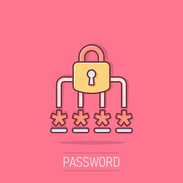 Icono de inicio de sesión en estilo cómic Ilustración de vector de dibujos animados de acceso de contraseña sobre fondo blanco aislado Concepto de negocio de efecto de salpicadura de entrada de candado