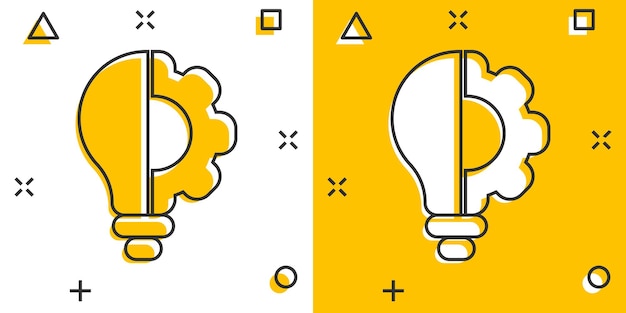 Icono de innovación en estilo cómico Bombilla con ilustración de vector de dibujos animados de rueda dentada sobre fondo blanco aislado Concepto de negocio de efecto de salpicadura de idea