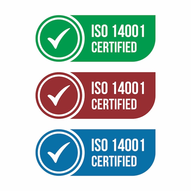 Icono de insignia certificado ISO 14001 Sello de certificación Vector de diseño plano Ilustración de stock vectorial