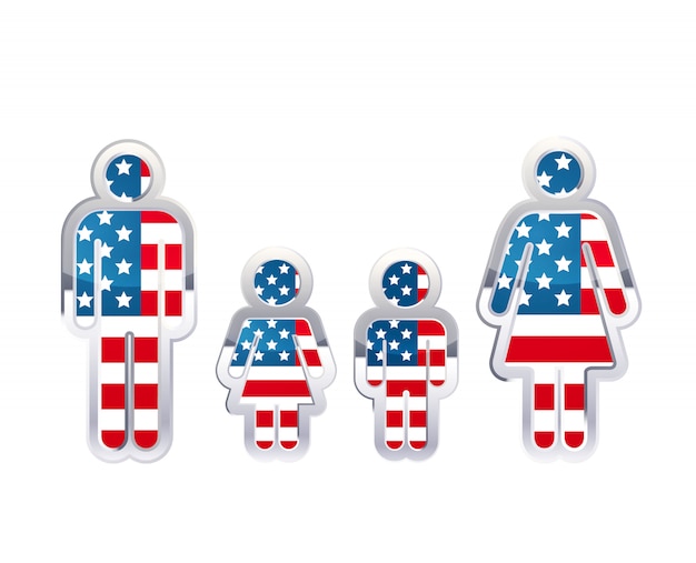 Icono de insignia de metal brillante en formas de hombre, mujer y niños con bandera de estados unidos, elemento de infografía en blanco