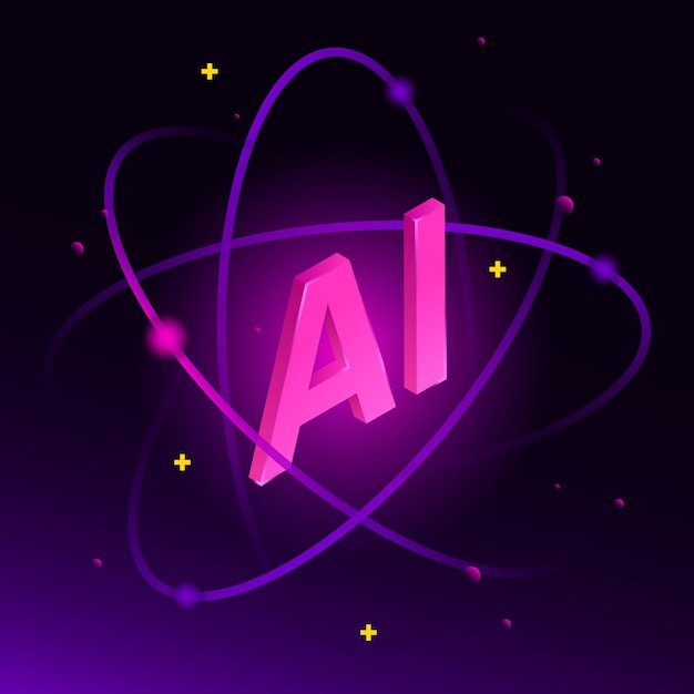 Icono de inteligencia artificial en Atom Ilustración 3D futurista