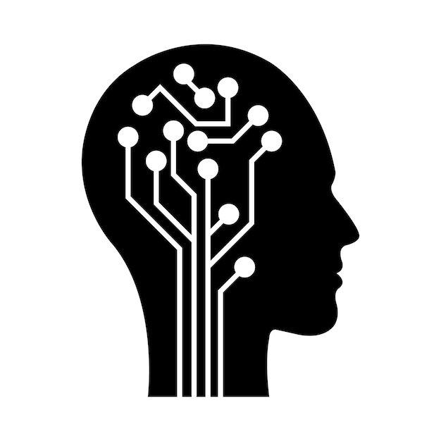 Icono de inteligencia artificial de cara humana con un chip digital en el cerebro para computadora