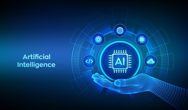 Icono de inteligencia artificial en la mano del wireframe Aprendizaje automático Grandes datos Redes neuronales