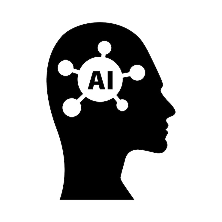 Vector icono de inteligencia artificial de la mujer cara humana con un chip digital en el cerebro para la tecnología