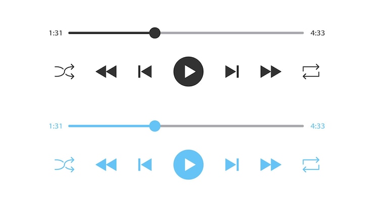 Vector icono de interfaz del reproductor señales de reproducción de audio símbolo de plantilla de medios símbolos de diseño de barra de música iconos de interfaz de usuario de lista de reproducción color azul negro signo vectorial