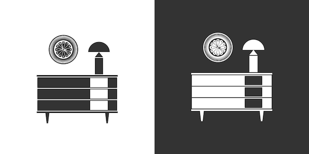 Vector icono interior con armario lámpara de mesa de reloj de pared estilo plano negro y blanco