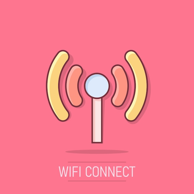 Icono de internet Wi-Fi en estilo cómico Tecnología inalámbrica Wi-Fi Pictograma de ilustración de dibujos animados vectorial Concepto de negocio de red Wi-Fi Efecto de salpicaduras