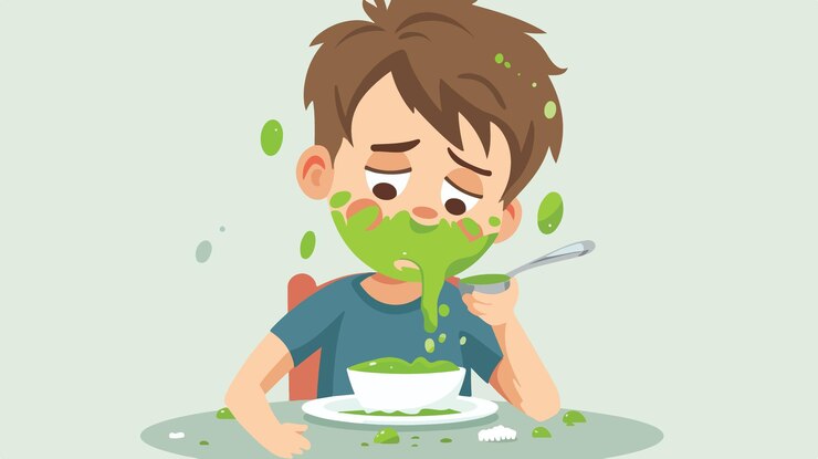 Vector icono de la intoxicación alimentaria niño con cara verde y náuseas
