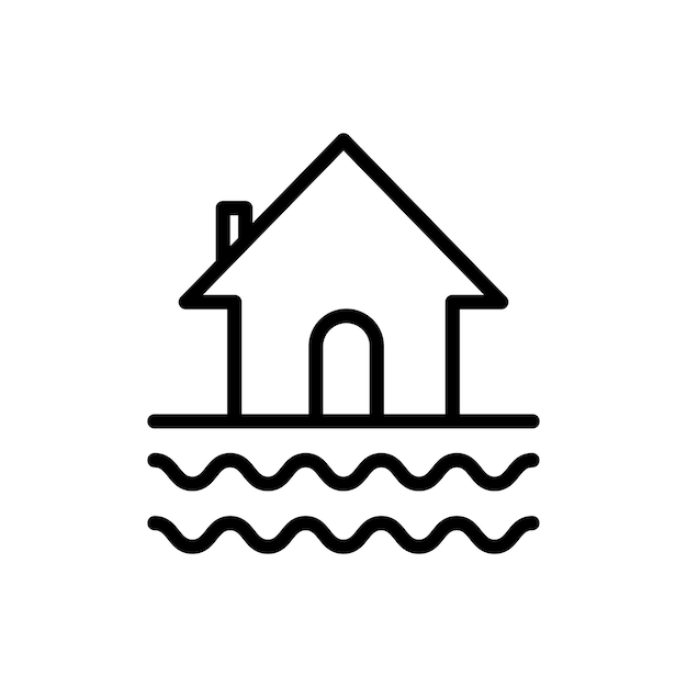 El icono de la inundación de la casa establece el agua del río el daño del desastre natural el símbolo del vector de la casa el signo del desastre del tsunami en estilo negro lleno y delineado