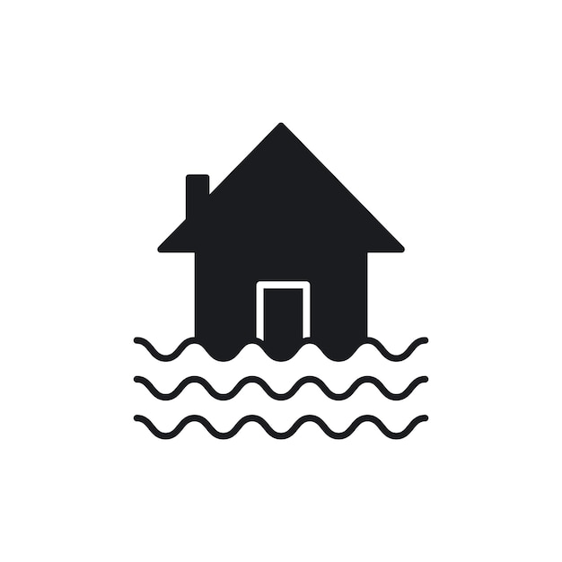 El icono de la inundación de la casa establece el agua del río el daño del desastre natural el símbolo del vector de la casa el signo del desastre del tsunami en estilo negro lleno y delineado