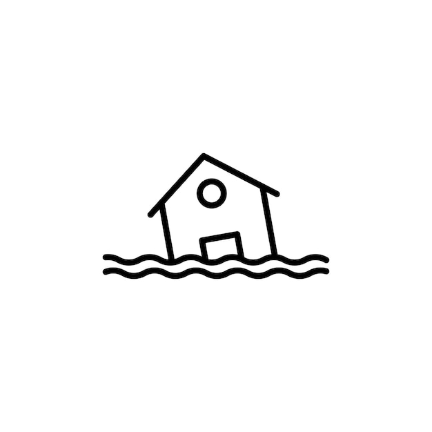 El icono de la inundación de la casa establece el agua del río el daño del desastre natural el símbolo del vector de la casa el signo del desastre del tsunami en estilo negro lleno y delineado