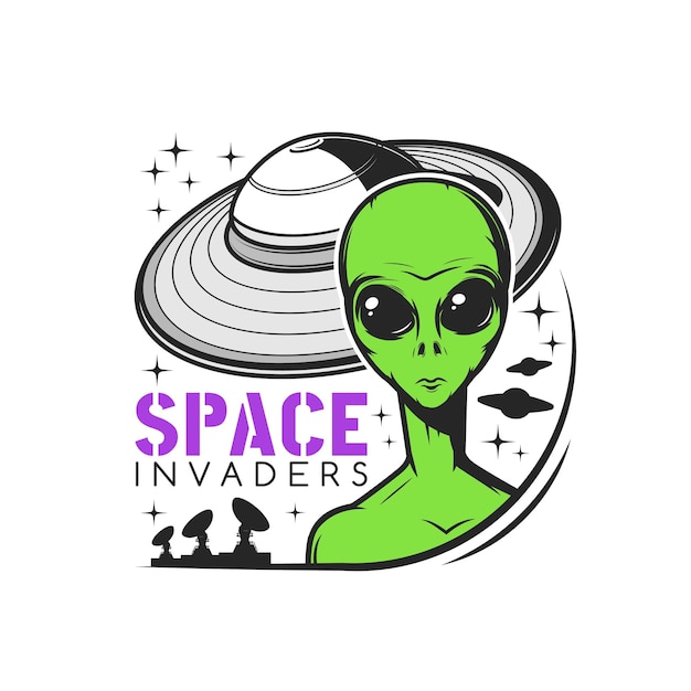 Icono de invasores del espacio con extraterrestre verde y nave estelar