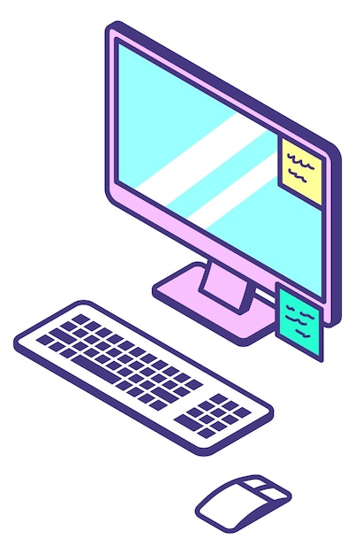 Ícono isométrico de la computadora Lugar de trabajo del monitor y el teclado