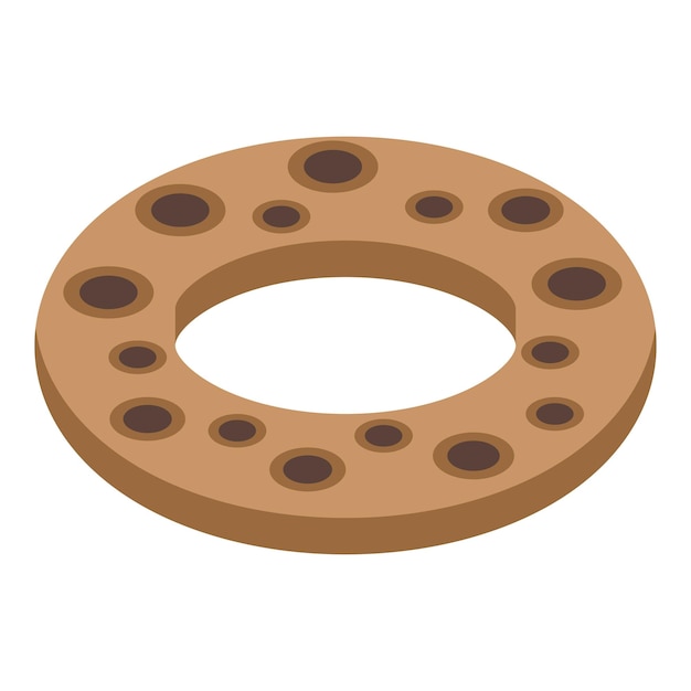 Icono isométrico de galleta redonda que muestra chips de chocolate y masa