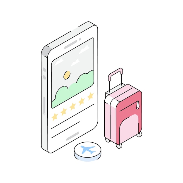 Un icono isométrico moderno que muestra una interfaz de aplicación de viajes