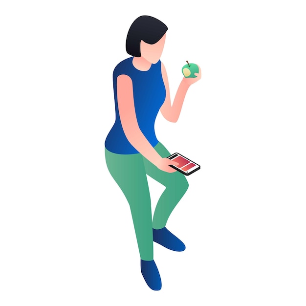 Icono isométrico de niña con teléfono inteligente comiendo manzana icono vectorial de la niña con smartphone comiendo manzanilla para diseño web aislado en fondo blanco