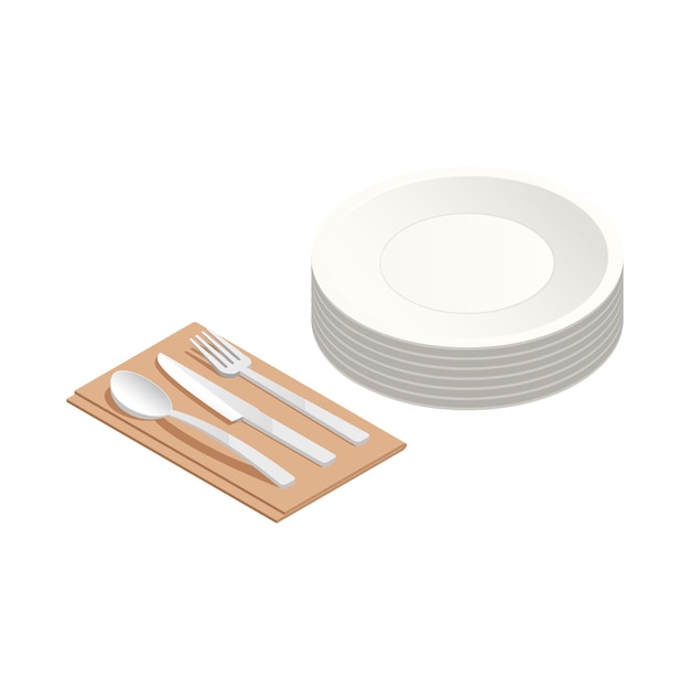 Icono isométrico con pila de platos blancos y cubiertos en servilleta ilustración vectorial aislada