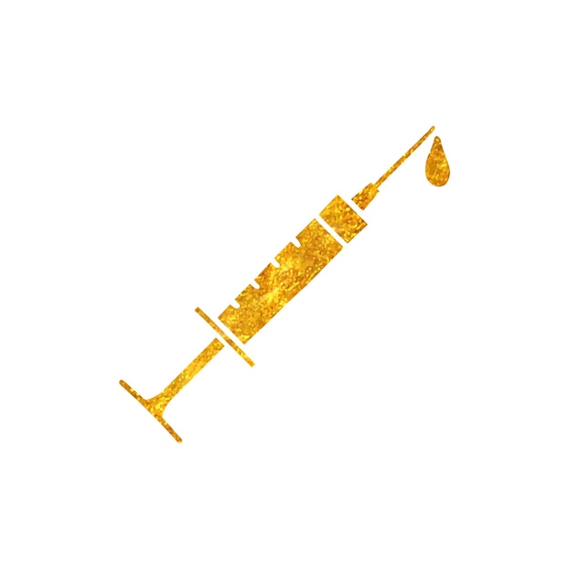 Icono de jeringa dibujado a mano médico en la ilustración de vector de textura de hoja de oro