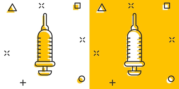 Icono de jeringa en estilo cómico Ilustración de vector de dibujos animados de aguja inyectada sobre fondo blanco aislado Concepto de negocio de efecto de salpicadura de dosis de droga