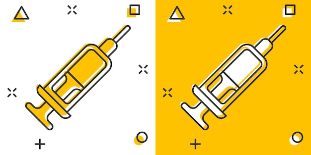 Icono de jeringa en estilo cómico La vacuna contra el coronavirus inyecta la ilustración del vector de dibujos animados sobre un fondo aislado El efecto de salpicadura de la vacuna Covid19 firma el concepto de negocio