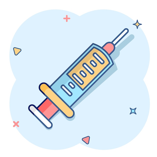 Icono de jeringa en estilo cómico la vacuna contra el coronavirus inyecta la ilustración del vector de dibujos animados sobre un fondo aislado el efecto de salpicadura de la vacuna covid19 firma el concepto de negocio