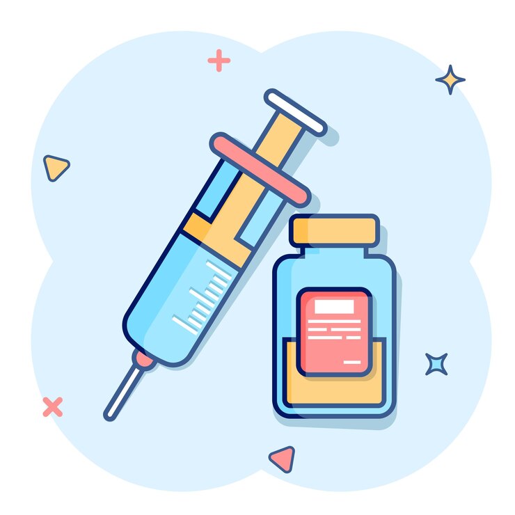 Vector icono de jeringa en estilo cómico la vacuna contra el coronavirus inyecta la ilustración del vector de dibujos animados sobre un fondo aislado el efecto de salpicadura de la vacuna covid19 firma el concepto de negocio