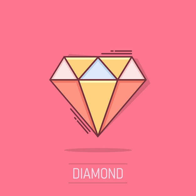 Icono de joya de diamante de dibujos animados vectorial en estilo cómico Ilustración de piedra preciosa de diamante Pictograma de joyería concepto de efecto de salpicaduras de negocios brillantes