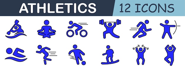 Ícono del juego de atletismo Kayak yoga ciclismo levantamiento de pesas correr tiro con arco nadar fútbol snowboard aerobics ejercicio monocromático