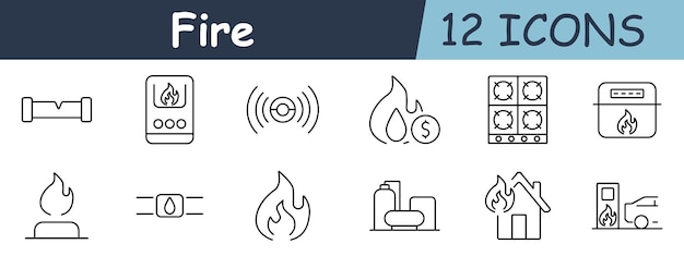 Icono de juego de fuego Detector de humo de quemador de gas de tubería Fuego con estufa de monedas Llama tanque de combustible casa camión de bomberos conexión de gas Extintor de advertencia de llama