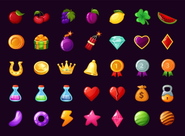 Vector icono de juego gui de dibujos animados, elementos de interfaz de aplicación de juegos móviles. pociones mágicas, corazón, bolsa de dinero, frutas, juego de vectores de iconos de aplicaciones de máquinas tragamonedas de casino