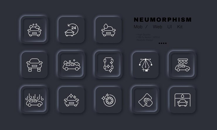 Icono de juego de lavado de autos Jabón compresor karcher pistola presión de agua trapo esponja ruedas salón estación de servicio Concepto de limpieza Estilo neomorfismo Icono de línea vectorial para Negocios y Publicidad