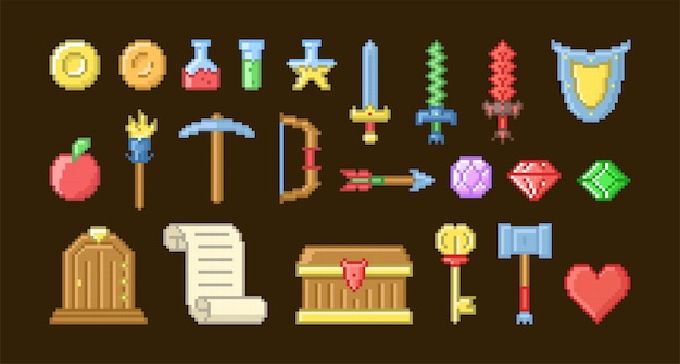 Icono de juego mágico en estilo píxel Conjunto de iconos retro pixelados