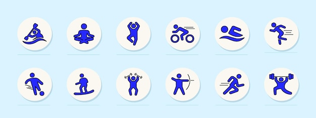 Ícono de juegos deportivos Kayak yoga estiramiento ciclismo natación correr fútbol snowboard levantamiento de pesas tiro con arco velocidad ejercicio físico actividad al aire libre salud entrenamiento físico entrenamiento