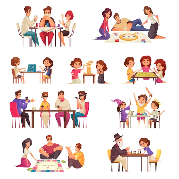 Icono de juegos de mesa de personas establece dinero de póquer de ajedrez de la mafia y juegos de cuento de hadas ilustración vectorial