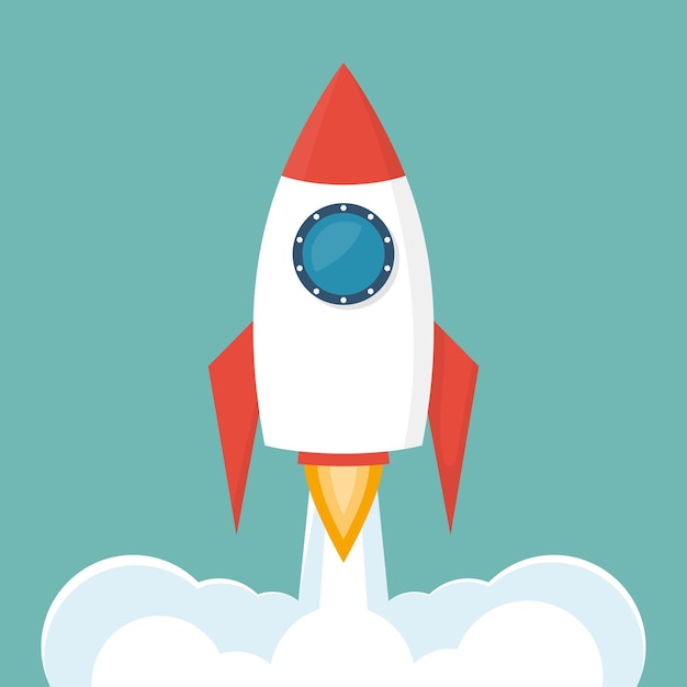 Icono de lanzamiento de cohete aislado en el fondo Diseño plano de ilustración vectorial Inicio de proyecto empresarial Símbolo de idea creativa Proceso de desarrollo innovación