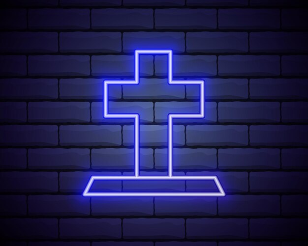 Icono de lápida de neón brillante aislado en el fondo de la pared de ladrillo Icono de tumba Ilustración vectorial