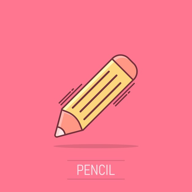 Icono de lápiz de dibujos animados de vector en estilo cómic Pictograma de ilustración de signo de pluma Concepto de efecto de salpicadura de negocio de lápiz