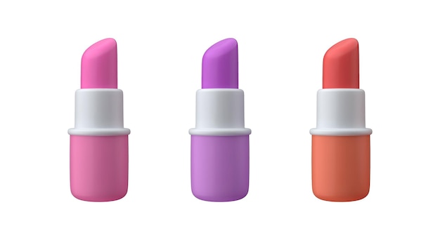 Icono de lápiz labial 3D Cosméticos para maquillaje de labios Conjunto de elementos de belleza en colores rosa rojo y púrpura